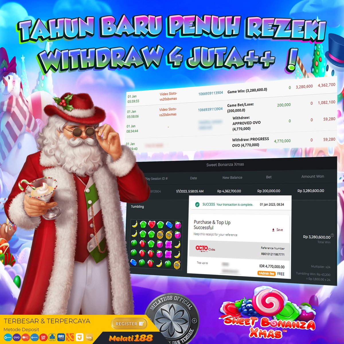 melatibet's tweet photo. Tahun Baru 2023 penuh rezeki di MELATI188

ID : Sa*****16 ( NEW MEMBER )
WD : 4.770.000
GAME : Sweet Bonanza Xmas - Pragmatic

#pragmatic #slotgacor #gacor #kakekzeus #rungkad #slotindonesia #pragmaticlive  #sweetbonanza #sweetbonanzaxmas #sweetbonanzaslot #sweetbonanzagacor https://t.co/omtGaLnL4g