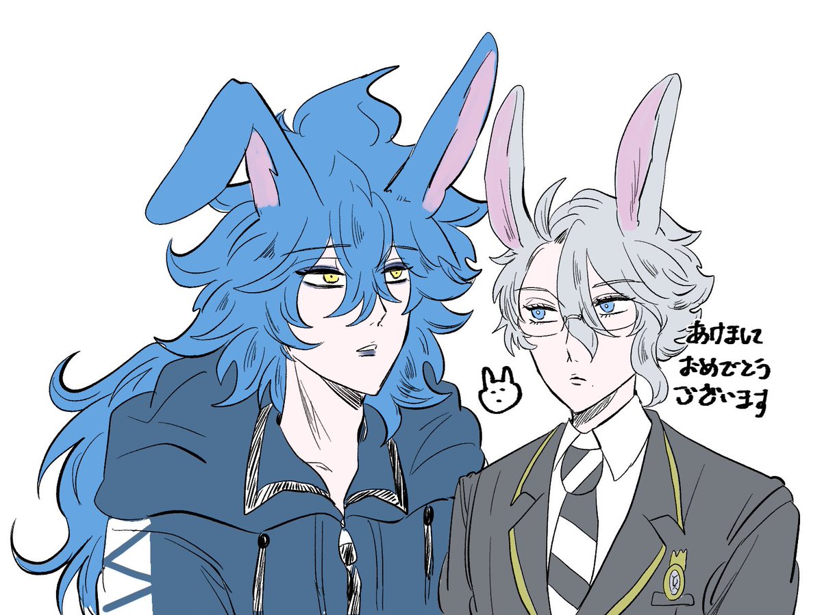 multiple boys blue hair 2boys rabbit ears animal ears male focus long hair  illustration images