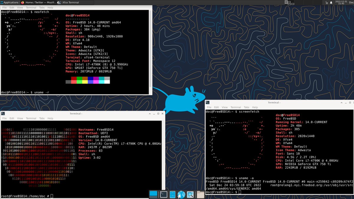DocLulzson's tweet image. 𝗙𝗿𝗲𝘀𝗵 𝗯𝗮𝗿𝗲-𝗺𝗲𝘁𝗮𝗹 𝗶𝗻𝘀𝘁𝗮𝗹𝗹 𝗼𝗳 𝗙𝗿𝗲𝗲𝗕𝗦𝗗 𝟭𝟰.𝟬-𝗖𝗨𝗥𝗥𝗘𝗡𝗧 𝗫𝗳𝗰𝗲 𝟰.𝟭𝟴

#FreeBSD 14.0-CURRENT
#Xfce 4.18