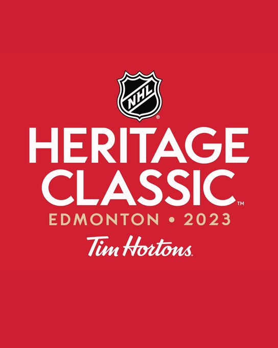 White text on a red background: "Heritage Classic, Edmonton, 2023, Tim Hortons" 
NHL logo above.
