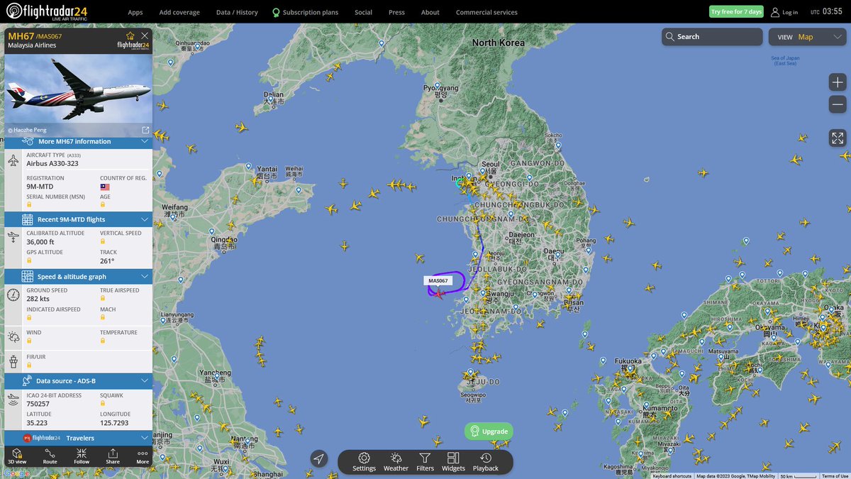 AIYeyENGDdJkjTr's tweet photo. Jan. 1, 2023
#Seoul Incheon International Airport => #Kuala Lumpur International Airport
"abnormal flight of civil aircraft???"
#MH67 / #MAS067 #750257 Malaysia Airlines Airbus A330-323 https://t.co/HhQpSUoI1M