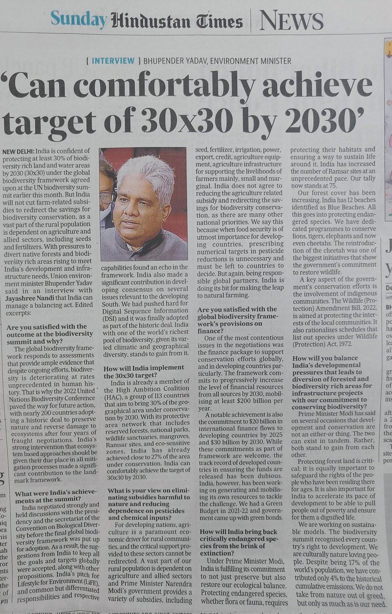 jayashreenandi's tweet photo. Imp interview to start the year with: Union environment minister @byadavbjp on how #India will balance pressures to divert forests for development with #biodiversity conservation and implications of #COP15 outcome for #India. Sharing link soon. https://t.co/etpKFESelj