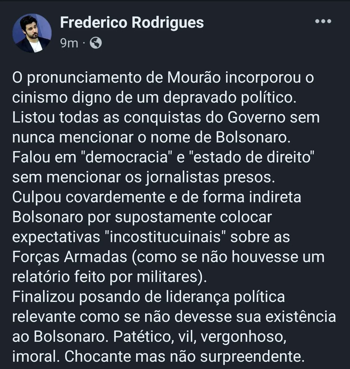 FredRC's tweet image. Não contem com Mourão para nada. Já vimos esse cinismo antes. Sabemos que para pessoas assim a honra e o dever com País estão sempre atrás do dever com os próprios interesses.