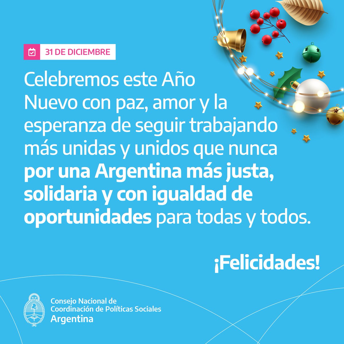 CNCPS_oficial's tweet photo. Celebremos este Año Nuevo con la esperanza de seguir trabajando por una Argentina más justa, inclusiva y solidaria.

¡Feliz 2023 para todas y todos!🌟🇦🇷 https://t.co/ZeYIp2AQZL