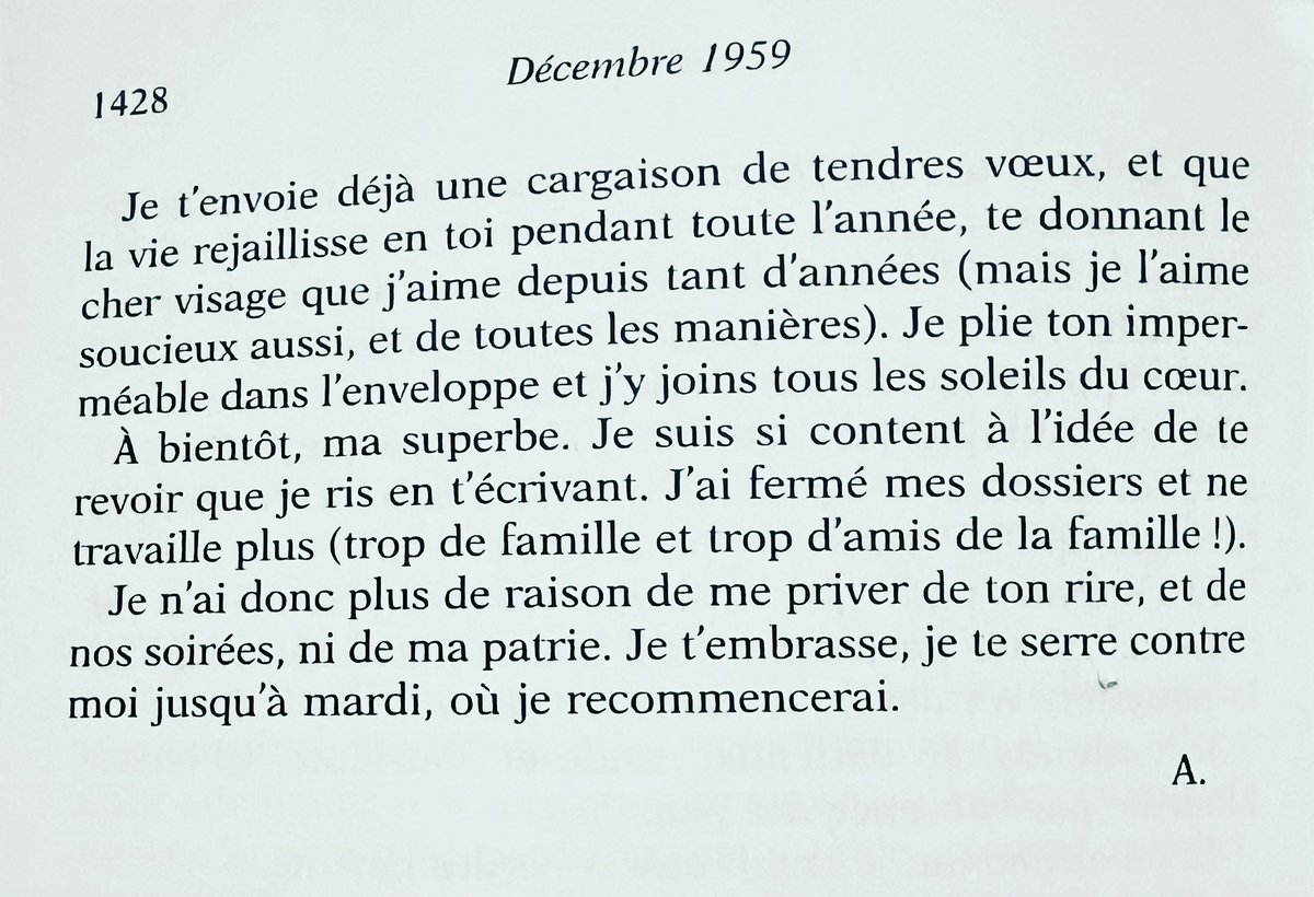 Vœux d’Albert Camus à Maria Casarès. Dernière lettre de l’année, dernière lettre de sa vie. 
Je vous souhaite « tous les soleils du cœur » pour 2023 !
🌞♥️