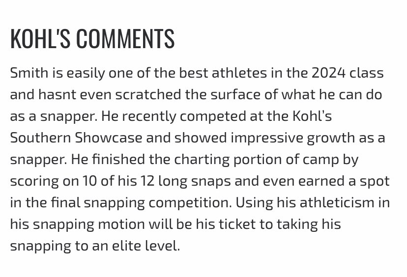 Davis Smith (@8daviss2) on Twitter photo After a great <a href="/KohlsSnapping/">Kohl's Snapping Camps</a> national camp, I have received a 4 star ranking and ranked as one of the best athletes in class of 2024. Thanks for an awesome evaluation . <a href="/Coach_Casper/">Coach Casey Casper</a> & <a href="/BlaineSiddersJr/">Blaine Sidders Jr.</a>. <a href="/AHSALFBRECRUIT/">Auburn High School Football Recruiting</a> <a href="/keithetheredge1/">keith etheredge</a> <a href="/CSmith_53/">Clarke Smith</a> After a great <a href="/KohlsSnapping/">Kohl's Snapping Camps</a> national camp, I have received a 4 star ranking and ranked as one of the best athletes in class of 2024. Thanks for an awesome evaluation . <a href="/Coach_Casper/">Coach Casey Casper</a> & <a href="/BlaineSiddersJr/">Blaine Sidders Jr.</a>. <a href="/AHSALFBRECRUIT/">Auburn High School Football Recruiting</a> <a href="/keithetheredge1/">keith etheredge</a> <a href="/CSmith_53/">Clarke Smith</a>