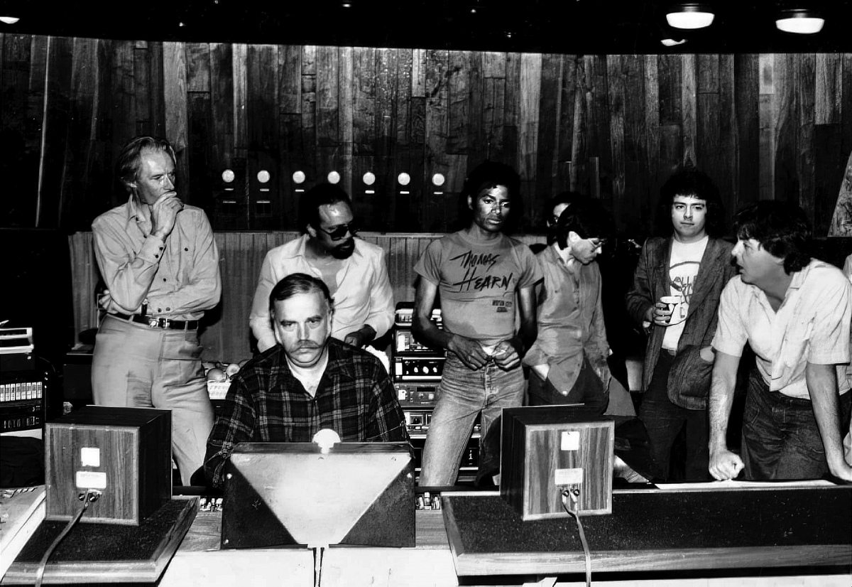 Michael Jackson with George Martin, Quincy Jones, Bruce Swedien, Jeff Porcaro, Steve Lukather and Paul McCartney at Westlake Audio, Hollywood, California during the recording sessions of 'The Girl Is Mine' from his 1982 masterpiece, 'Thriller'