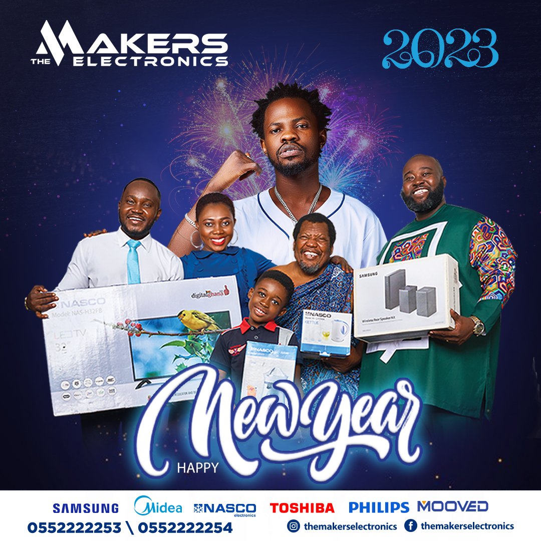 themakersgh's tweet photo. Happy new year to all our cherished customers, we say a BIG thank you for trusting and trading with us. We're very grateful, happy new year once again. @Fameye @OBAmponsah_ @fosterromanus #themakerselectronics #themakerspromo #xmaspromo #ghana #nanaamamcbrown #fameyemusic https://t.co/vHHt3z53Xn
