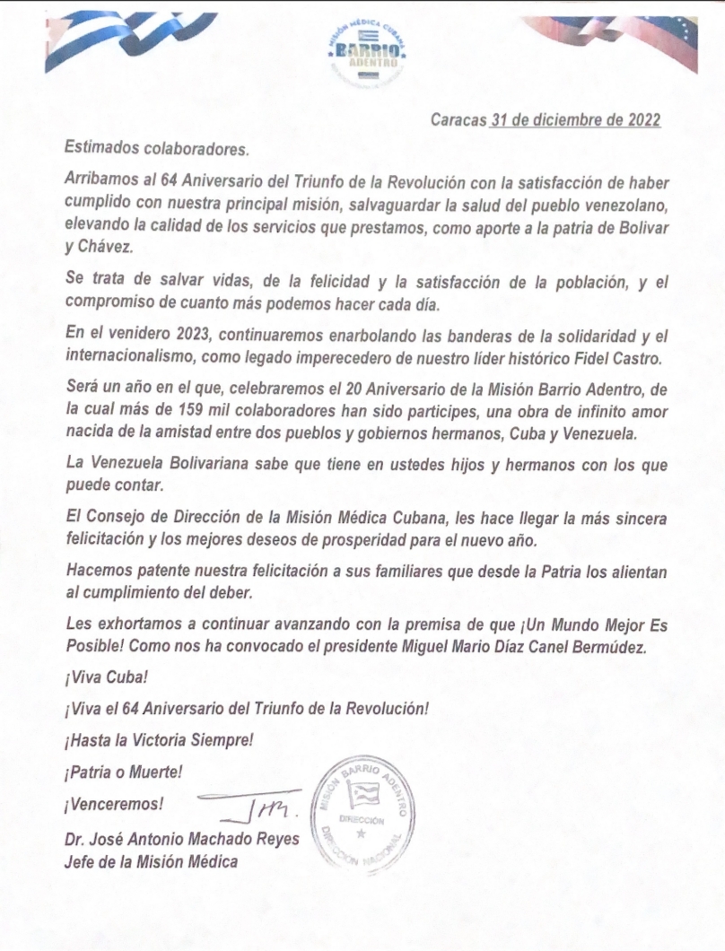 cubacooperaven's tweet photo. El consejo de dirección de la Misión Médica Cubana en #Venezuela, les hace llegar la más sincera felicitaciones y los mejores deseos de prosperidad para el año nuevo.

#CubaPorLaVida #Cuba #FidelaPorSiempre #64AniversarioRevoluciónCubana

@JosAnto54744901 @MINSAPCuba https://t.co/sJ1Prwgbol