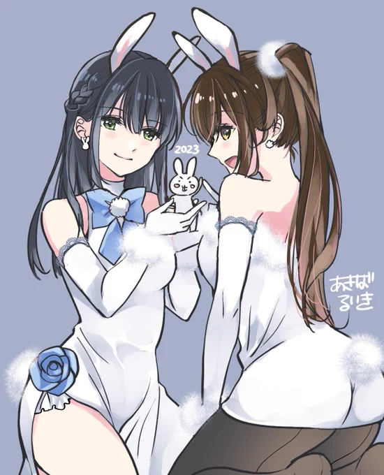 あけましておめでとうございます島崎さんと菜月さん、あと時々作中に出てくるウサギを描きました。今年もよろしくお願いします。 