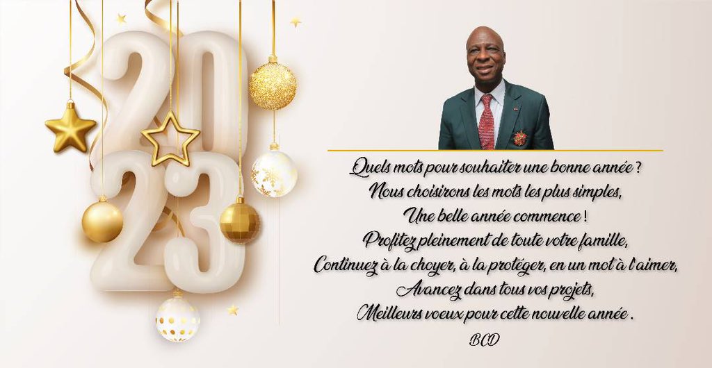 BAMBACheickDan's tweet photo. Une belle année commence !
Profitez pleinement de toute votre famille,
Continuez à la choyer, à la protéger, en un mot à l'aimer,
Avancez dans tous vos projets,
Meilleurs vœux pour cette nouvelle année 2023!

#BCD
#cotedivoirenouvelle https://t.co/lKx9EiehQi