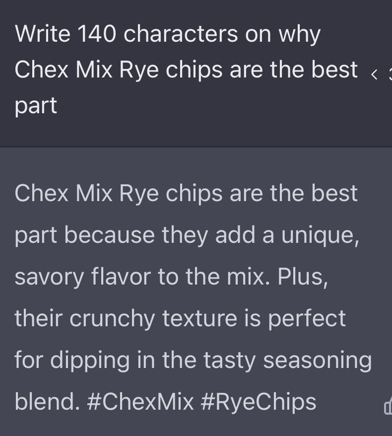 LeBronichu's tweet photo. @WillPostTweets Chex Mix Rye chips are the best part because they add a unique, savory flavor to the mix. Plus, their crunchy texture is perfect for dipping in the tasty seasoning blend. #ChexMix #RyeChips #MadeWithChatGPT https://t.co/0wlxJ7eeMf