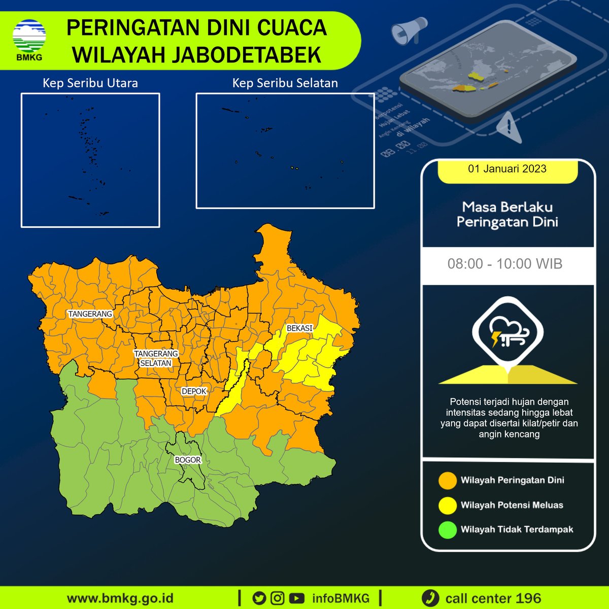 infoBMKG's tweet photo. Update Peringatan Dini Cuaca Wilayah - Jabodetabek Tgl. 01 Januari 2023 pkl. 08:00 WIB
Prakirawan - BMKG - Pusat
https://t.co/Tqqc02KowW https://t.co/FapE0fG20x