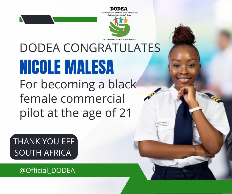 SouthCommand's tweet photo. The Defenders Of the Decolonised Education In Africa congratulates N Malesa for becoming a black commercial pilot at the age of 21
As the Defenders Of the Decolonised Education In Africa, we will always celebrate an academic excellence of an African Child.danko  @EFFSouthAfrica https://t.co/iKLLgpOZyH
