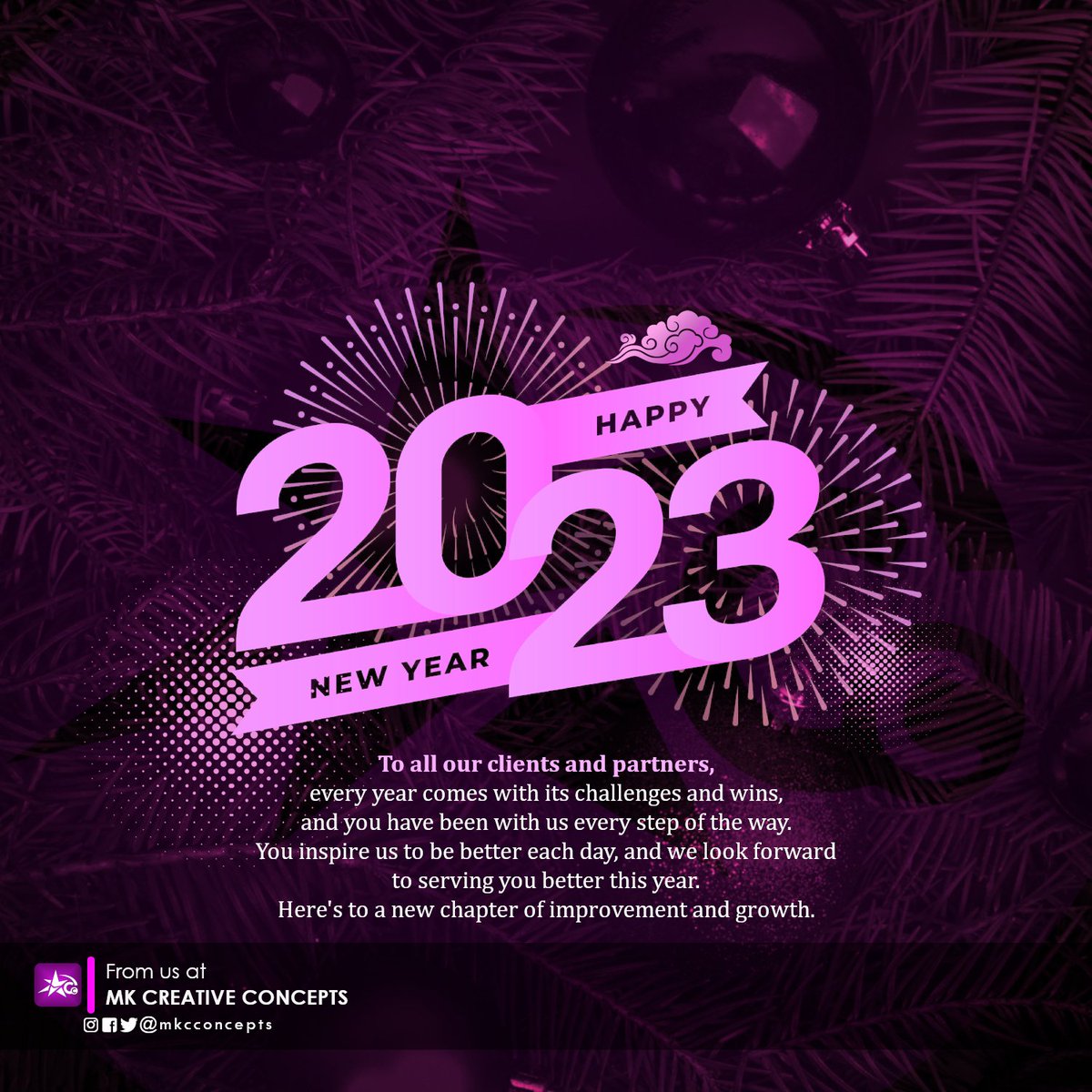 mkcconcepts's tweet photo. You inspire us to be better each day, and we look forward to serving you better this year.
Happy New Year!
#NewYear
#HappyNewYear2023 
#Welcome2023 https://t.co/dNIPDC9hOs