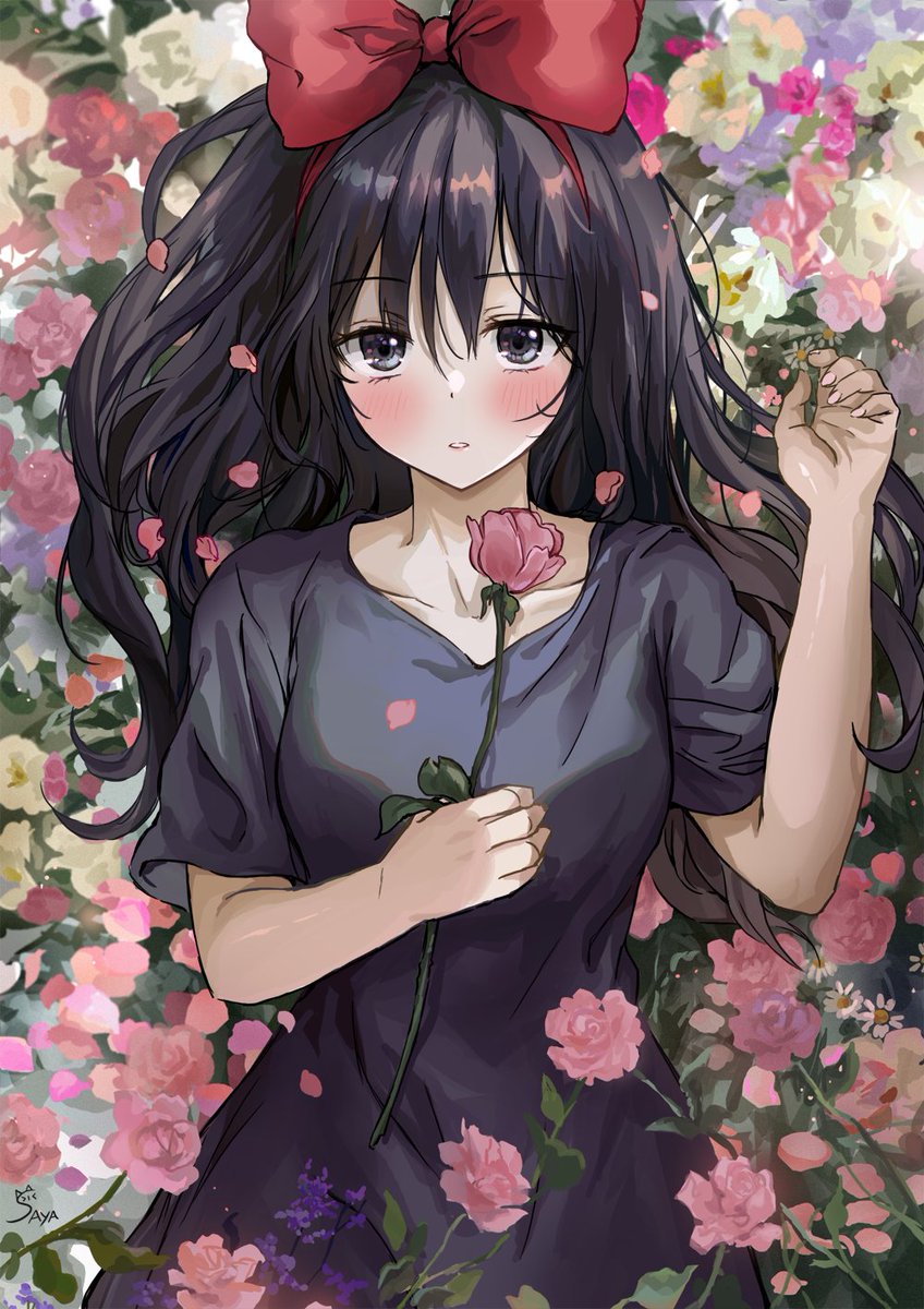 kiki (majo no takkyuubin) 1girl flower solo black hair long hair blush bow  illustration images