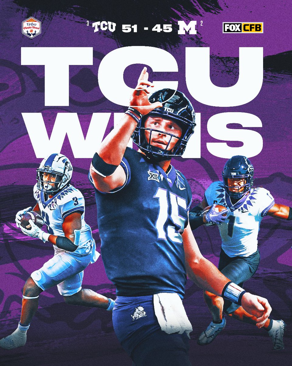 FOX College Football (@cfbonfox) on Twitter photo TCU IS HEADING TO THE CFP CHAMP GAME ๐ฅ๐ธ
<a href="/TCUFootball/">TCU Football</a> defeats Michigan 51-45 in a Fiesta Bowl thriller ๐ค TCU IS HEADING TO THE CFP CHAMP GAME ๐ฅ๐ธ
<a href="/TCUFootball/">TCU Football</a> defeats Michigan 51-45 in a Fiesta Bowl thriller ๐ค
