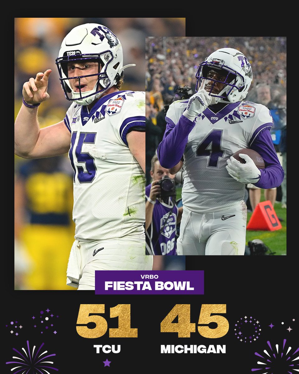 TCU SECURES ITS SPOT IN THE NATIONAL CHAMPIONSHIP 🎊 The Horned Frogs' win over Michigan is the first playoff win ever for the Big 12 🐸 #CFBPlayoff | @TCUFootball