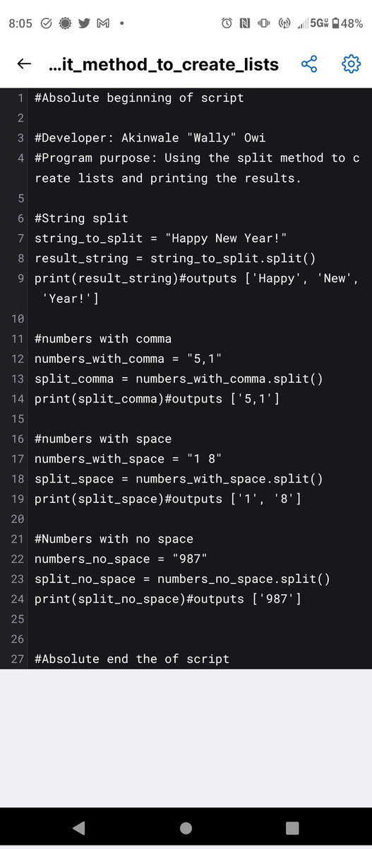 WallyOwi30's tweet image. 🐍Python 3: using the split method to create lists out of strings 
#python3 #pythonmethods