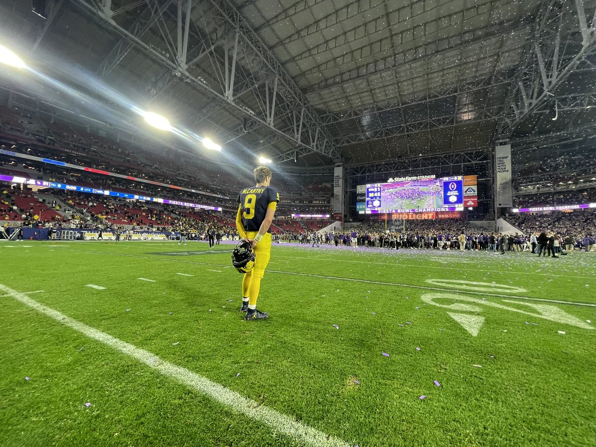 JJ McCarthy stays on the field to watch TCU celebrate. He’ll be back.