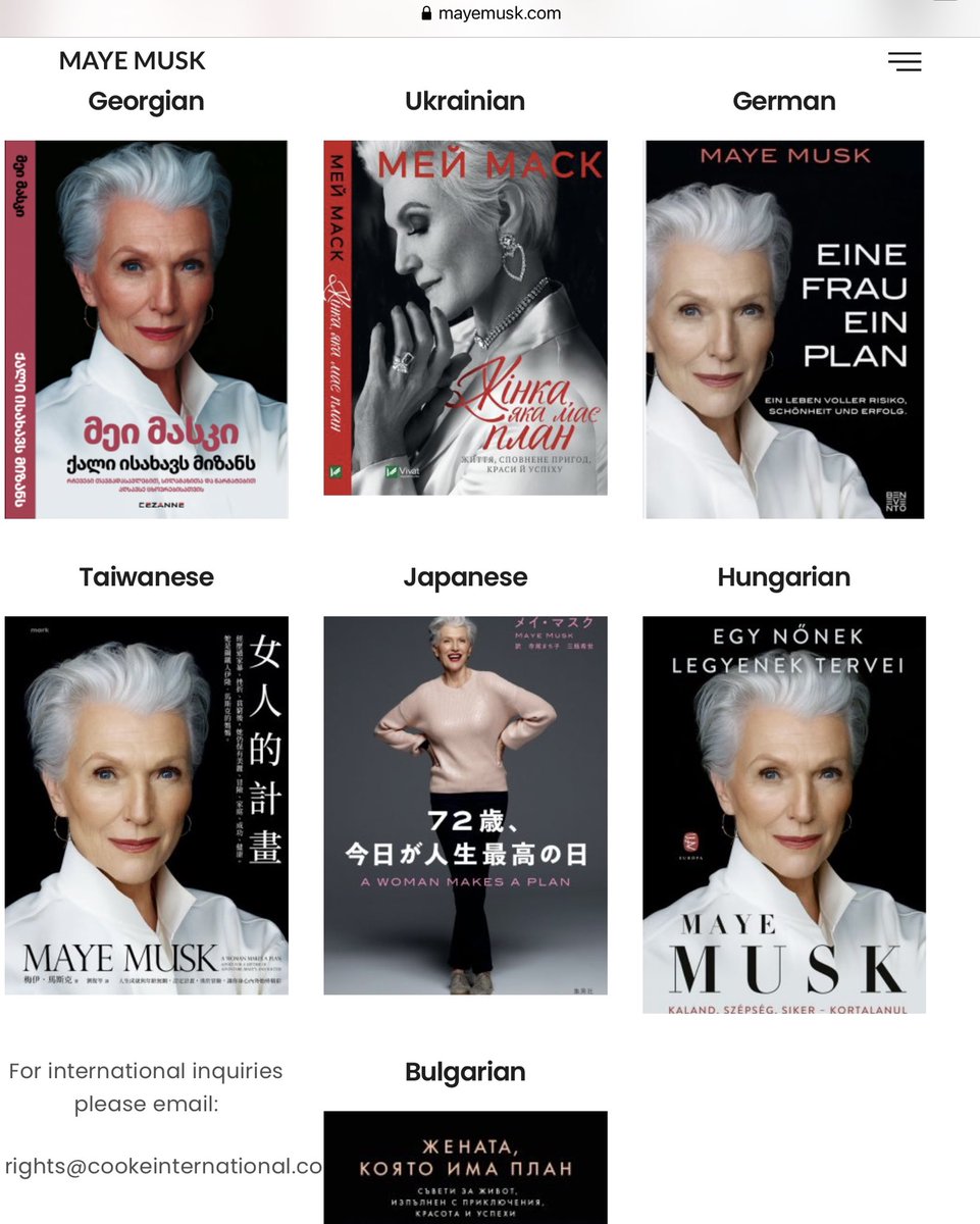 A Woman Makes a Plan: Advice for a Lifetime of Adventure, Beauty, and Success. 
#MayeMusk is a fashionable, charming, jet-setting supermodel with a fascinating and tight-knit circle of family and friends--and is 74 years young.  #ItsGreatToBe74