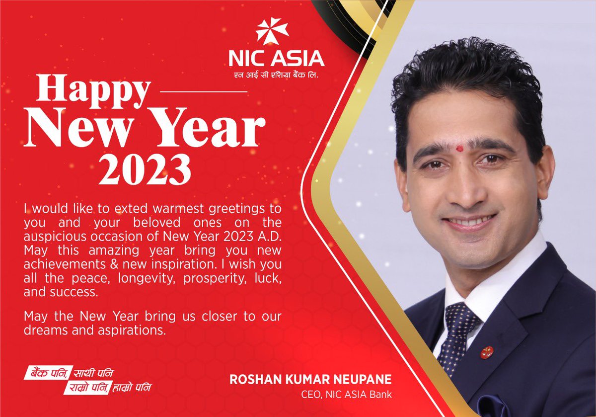 RoshanKNeupane's tweet photo. Wishing you a very Happy new year 2023.
#nicasiabank https://t.co/XXRif2rvUZ