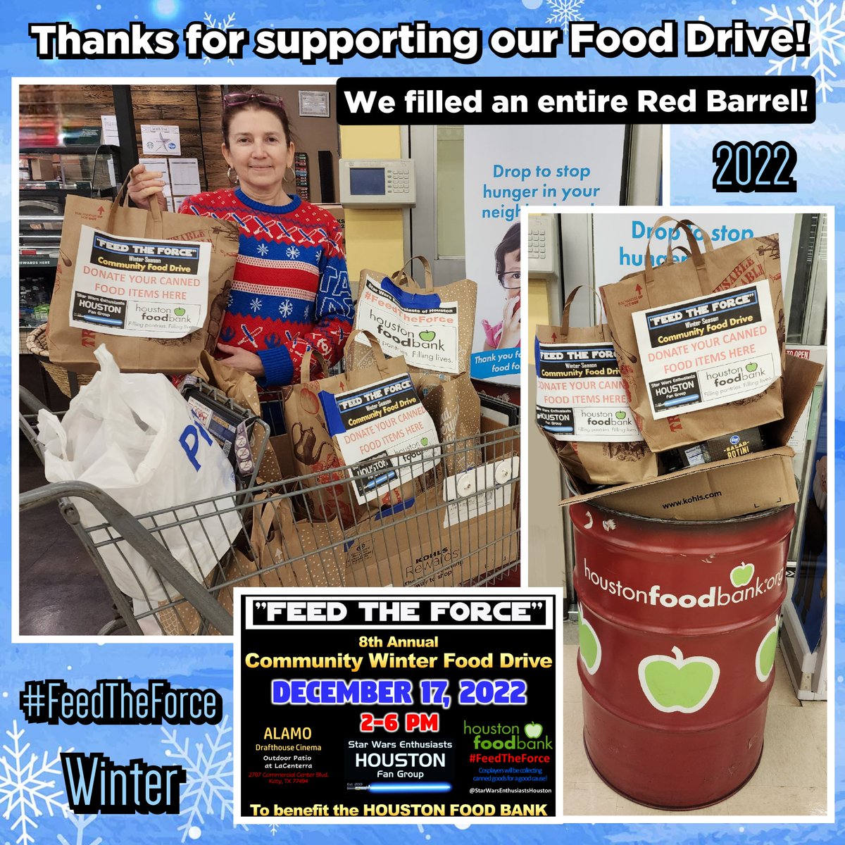 StarWars Enthusiasts ⭐️ Houston Fan Group (@swhoustonfans) on Twitter photo Thanks again to all who supported our 8th Annual #FeedTheForce Community Winter #FoodDrive to benefit the <a href="/HoustonFoodBank/">Houston Food Bank</a> on Dec. 17. We recently delivered enough to fill entire #RedBarell to overflowing! ❤️🍏
Huge thanks also to our friends at <a href="/houstonalamo/">Alamo Houston</a> for hosting! Thanks again to all who supported our 8th Annual #FeedTheForce Community Winter #FoodDrive to benefit the <a href="/HoustonFoodBank/">Houston Food Bank</a> on Dec. 17. We recently delivered enough to fill entire #RedBarell to overflowing! ❤️🍏
Huge thanks also to our friends at <a href="/houstonalamo/">Alamo Houston</a> for hosting!