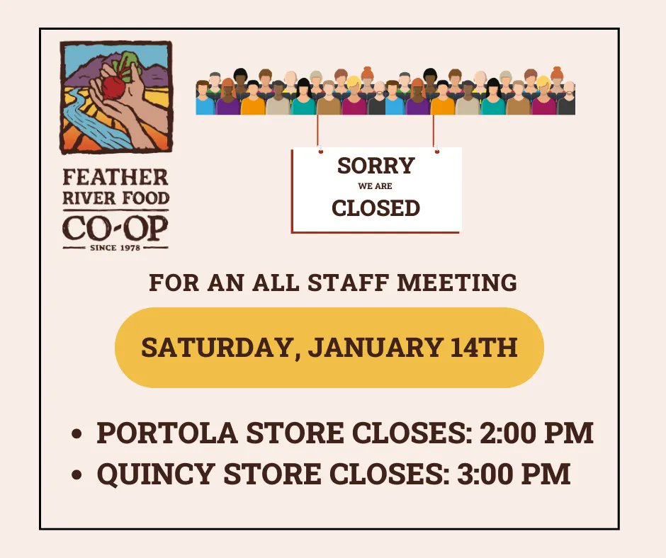 FRFoodCoop's tweet photo. We've adjusted our hours for an all-staff meeting, Saturday,  January  14th. https://t.co/XrmHF0SzTA