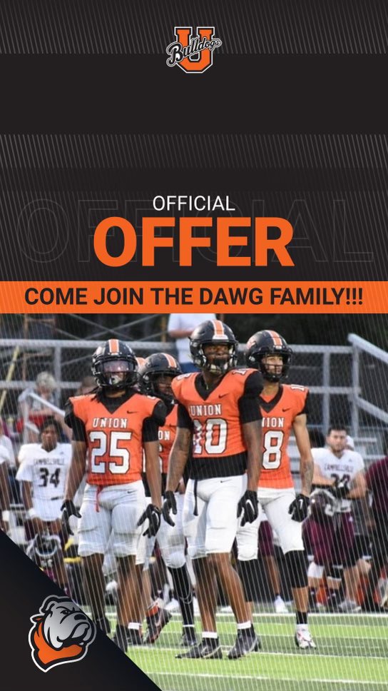 walkdubs's tweet photo. Blessed to receive my 3rd official offer to @UnionBulldogs Thank you @CoachDonahue64 for this opportunity!   
@coachcfb1 @ThecoachHolmes @StuartMorrison1 @RecruitChelsea https://t.co/9Ov0yjeREX