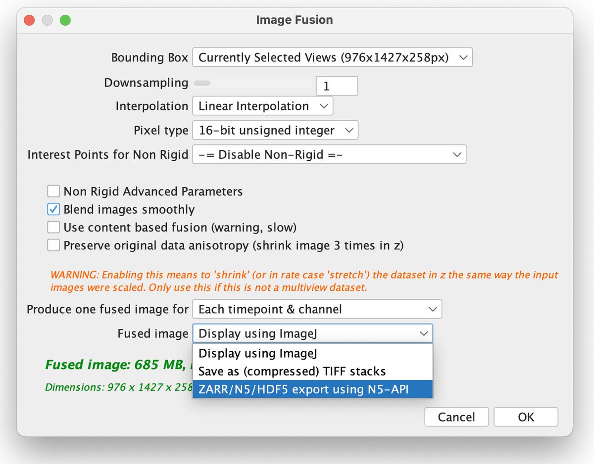 Exciting New Year's release of #BigStitcher! It now supports: 1) efficient blocked processing, meaning large, tiled acquisitions are fused blazingly fast (second/minutes instead of hours)! 2) Export of ZARR/N5/HDF5 thanks to the N5-API Check it out, just update @FijiSc!