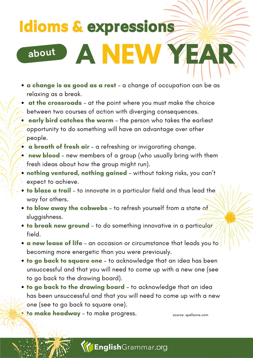 GrammarUpdates's tweet photo. Idioms and Expressions About a New Year

#writing #grammar https://t.co/riDOYzKVla