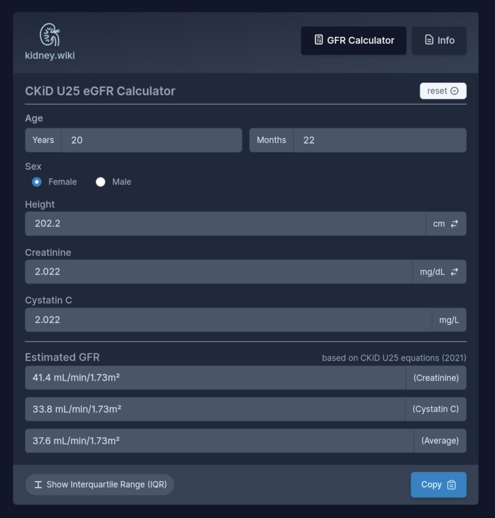 And the most popular page on kidney.wiki of 2022 goes to... 🥁🥁🥁

The @CKiDStudy U25 GFR calculator!

kidney.wiki/gfr-calculator/

If you're still calculating your pediatric GFRs with any other tool, I have an idea for a New Years Resolution for you!