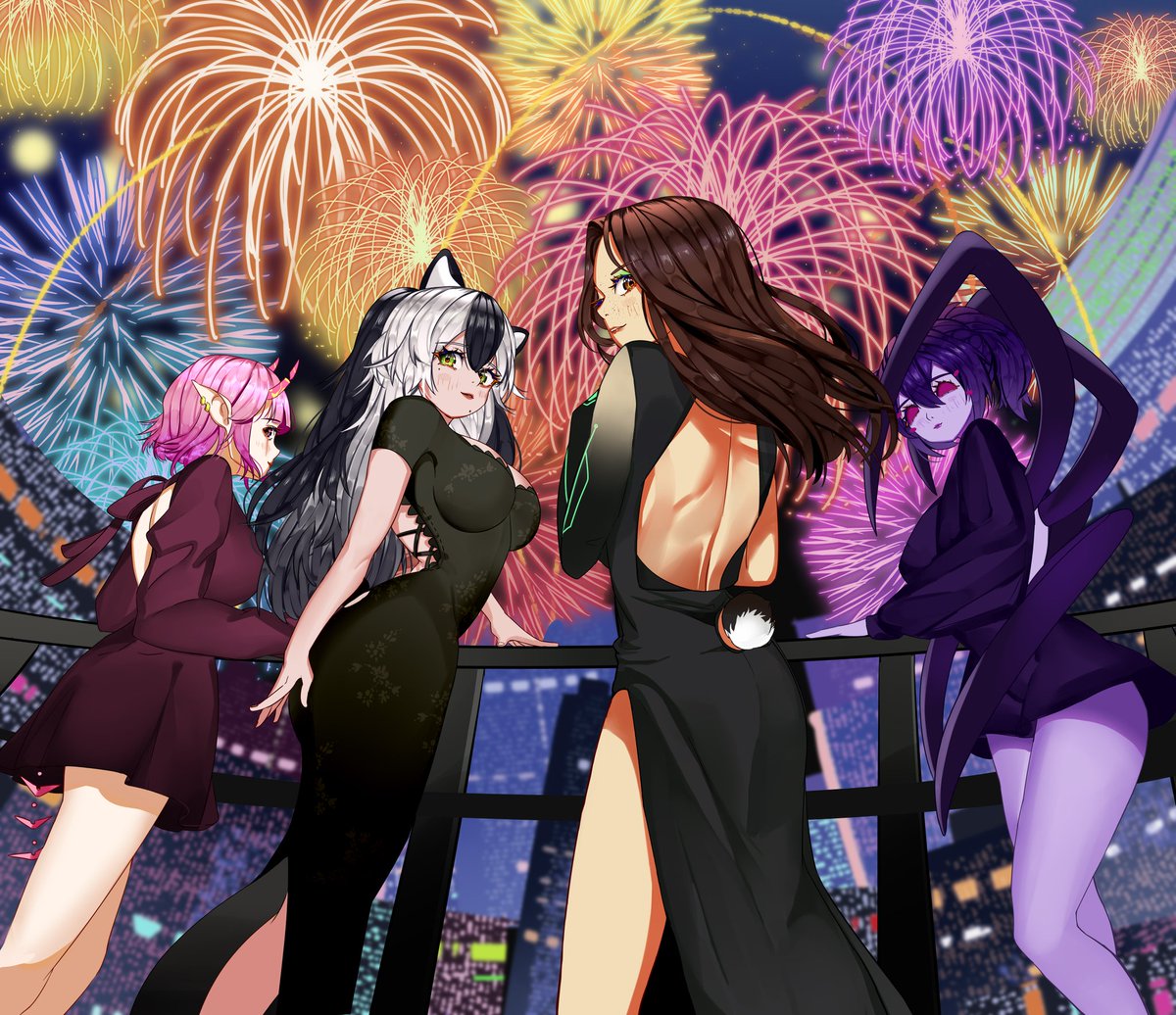 MintTBunny's tweet photo. Happy New Year from me and the girls!
Left to right: @s4kivt @boobearyboo me @ItsAppleMilk 
They're all amazing streamers so be sure to check them out!

🎨: @Latiluigi / luigilus on fiverr
(I commission them a lot because just look at their work!)
#DrawSaki #Boodoodle #ArtsTBunny https://t.co/5clVDc54bm