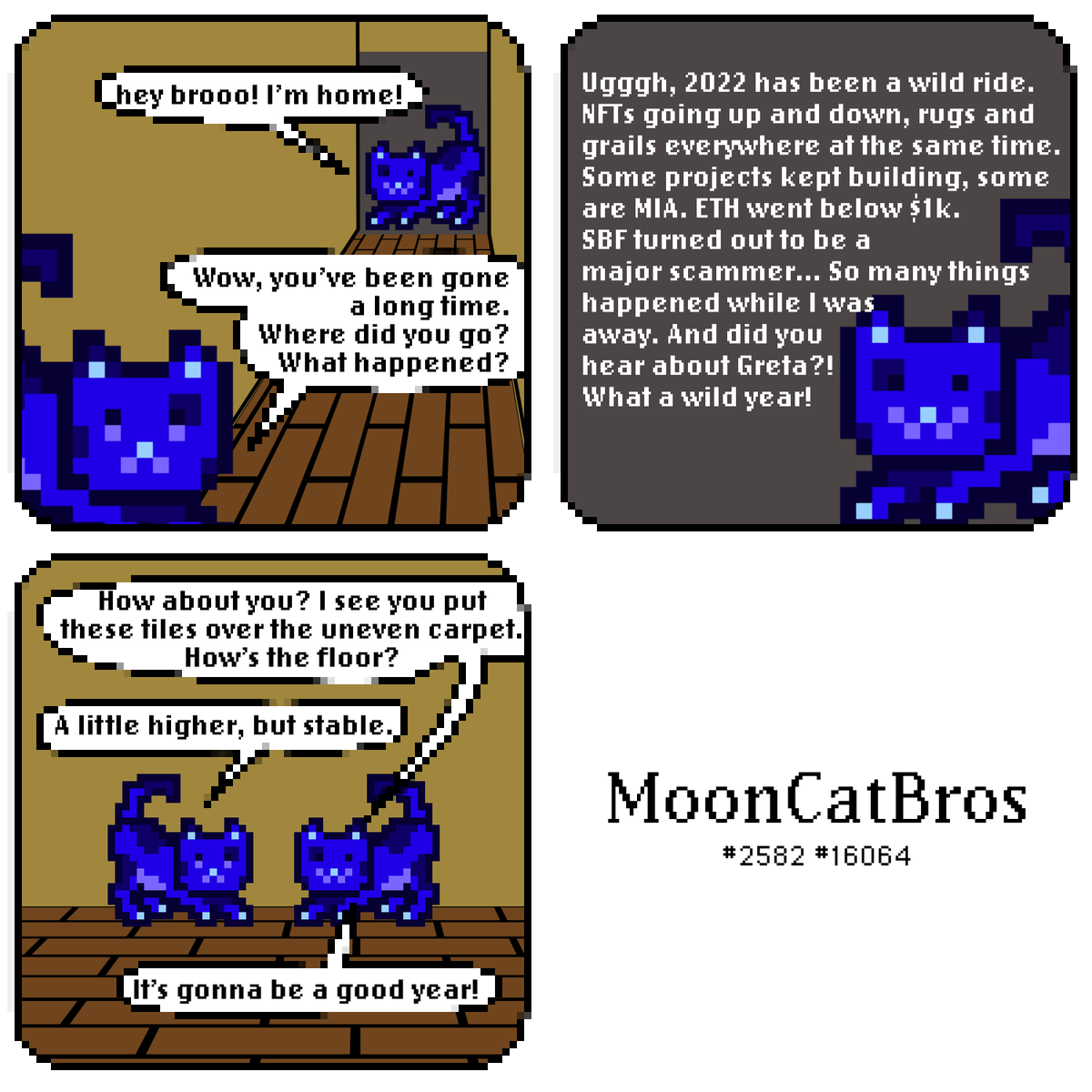 MoonCatBros's tweet photo. Happy New Year! 2023 is the year of @mooncatrescue !!! https://t.co/9N1E8N1WTA