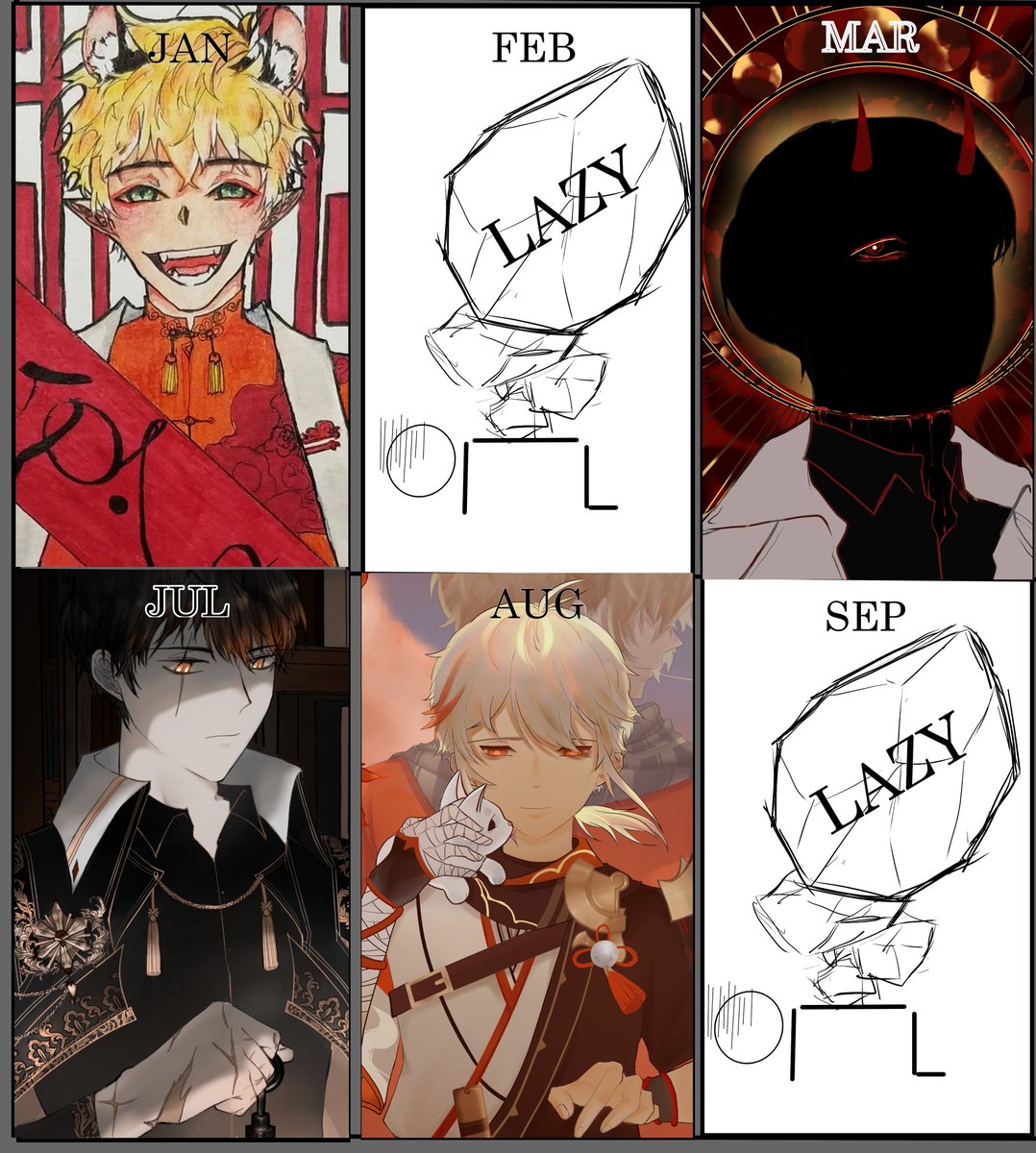 ZST_123's tweet photo. What a year... I have been lazing around and being chased by deadlines for six months, but I was at least producing some drawings for the other six months. I'm so frustrated about my laziness 🫠 https://t.co/q0R9OzR21L