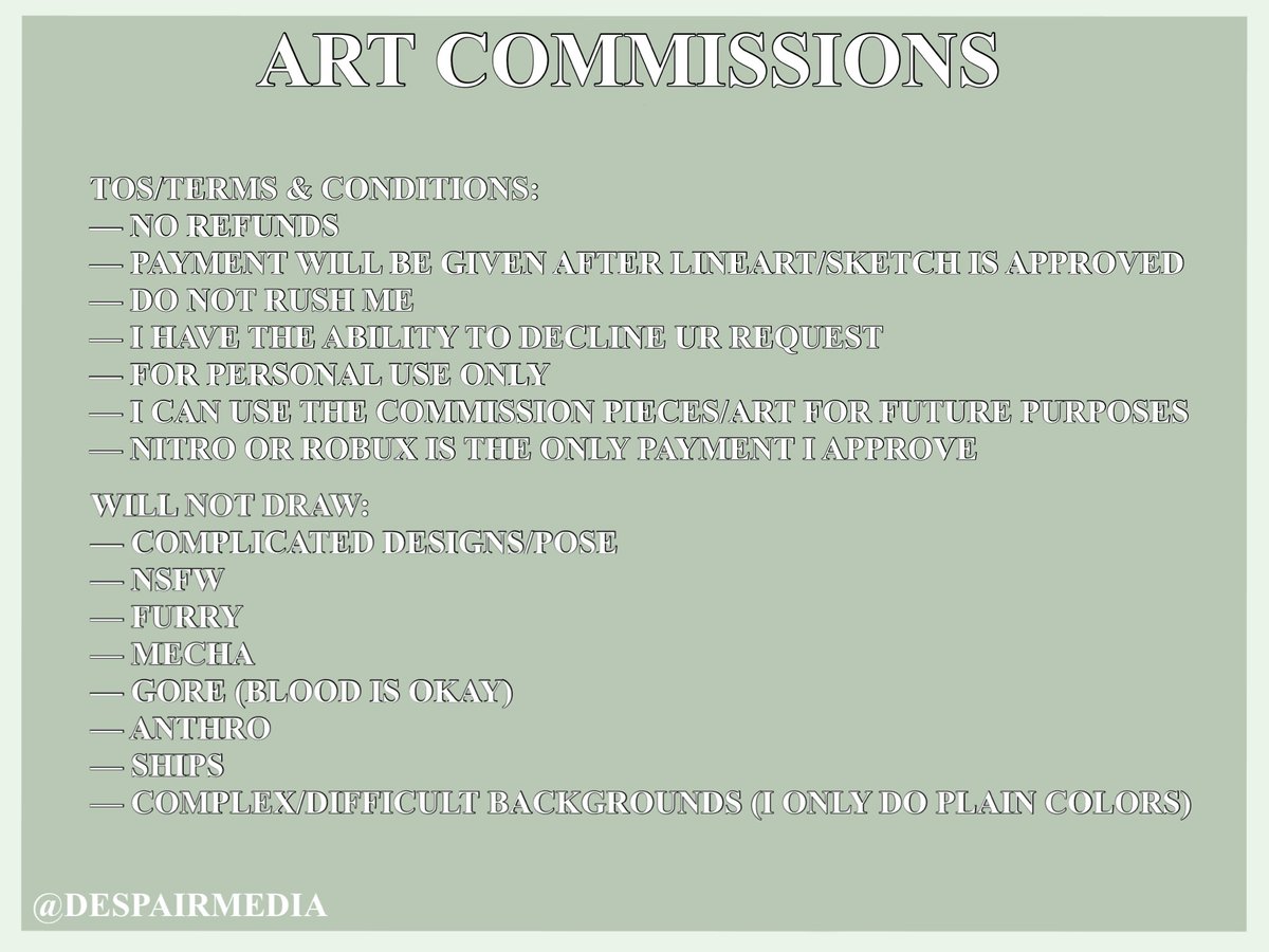 ‼️COMMISSION SHEET UPDATE‼️

READ IMAGES ATTACHED FIRST!

(DM OR REPLY TO COMMISSION ME)

2 slots available!

PAYMENT: ROBUX ONLY

#artcommission #artcommissions #robuxcommission #robuxcommissions #robloxcommission #RobloxCommissions #arttwt #artmoots #ArtistOnTwitter