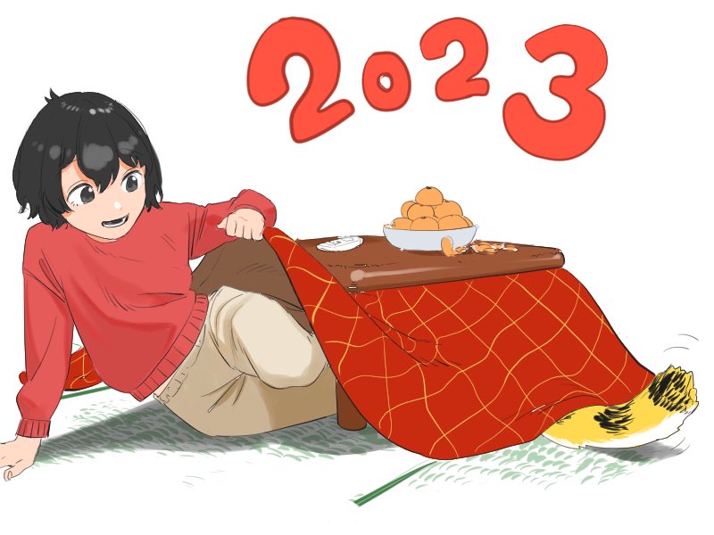 kaban (kemono friends) 1girl mandarin orange sweater black hair table kotatsu food  illustration images