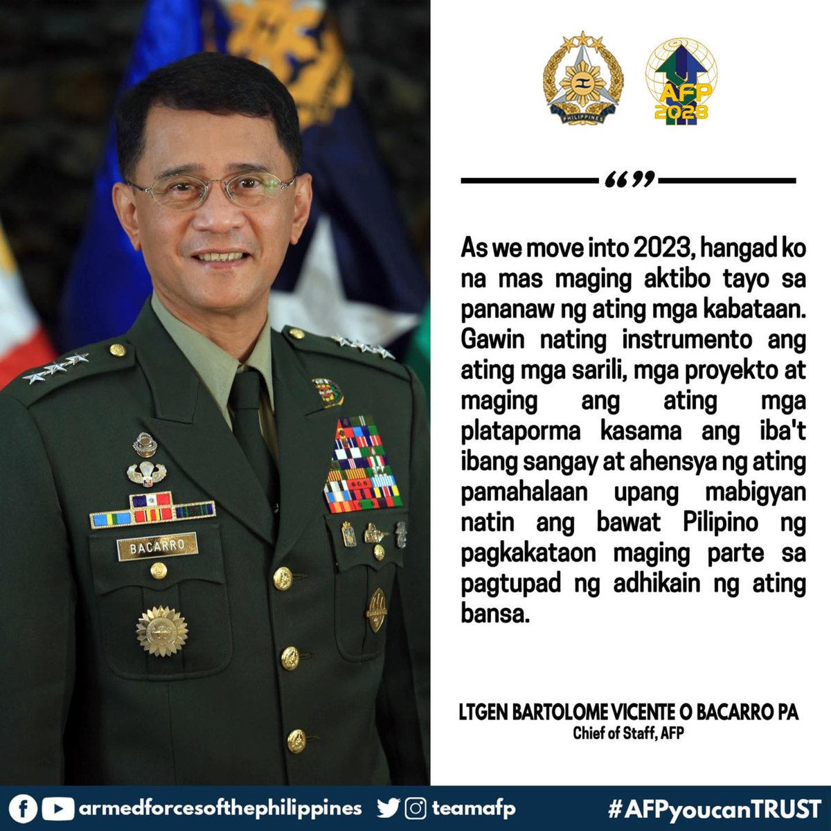 Philippine_Navy's tweet photo. READ | In his new year's message, AFP Chief of Staff, LtGen Bartolome Vicente Bacarro urged the men & women of @TeamAFP to become models for our youth & be instrumental in achieving our country's goal this 2023.
📝/📸: @TeamAFP
#ModernMultiCapablePHNavy
#AFPyoucanTRUST https://t.co/hhhxkefHcU