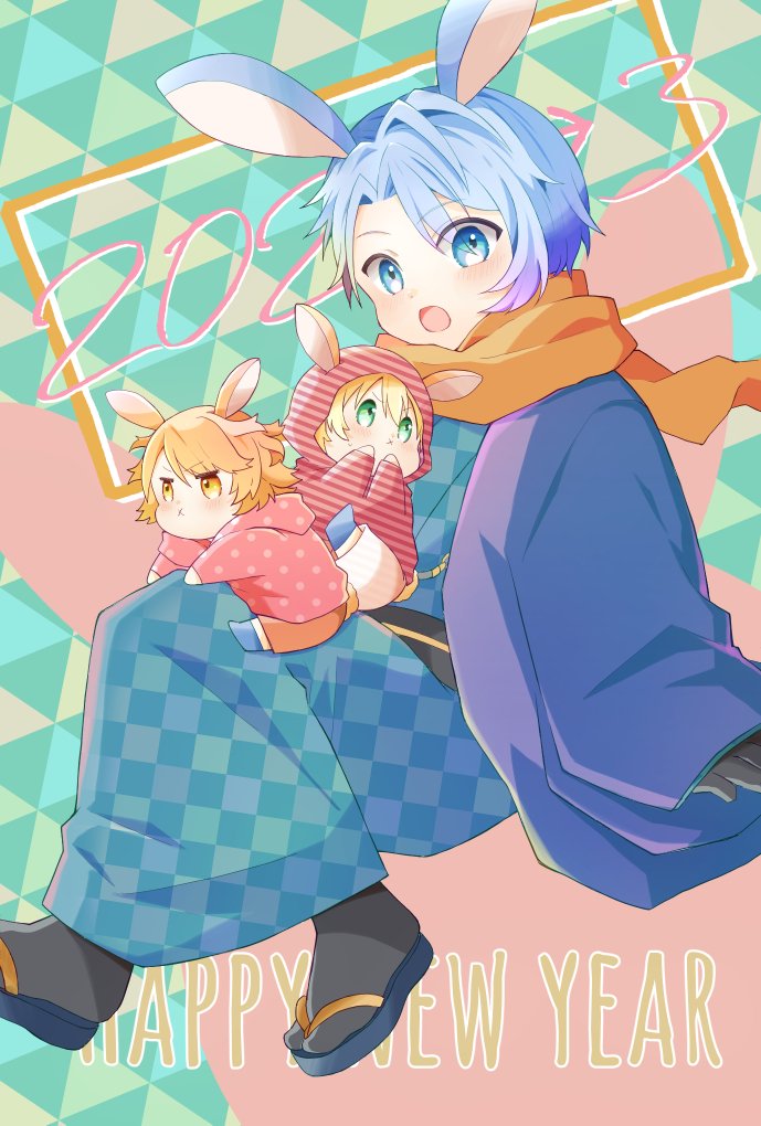 multiple boys 3boys blue hair blue eyes male focus animal ears rabbit ears  illustration images