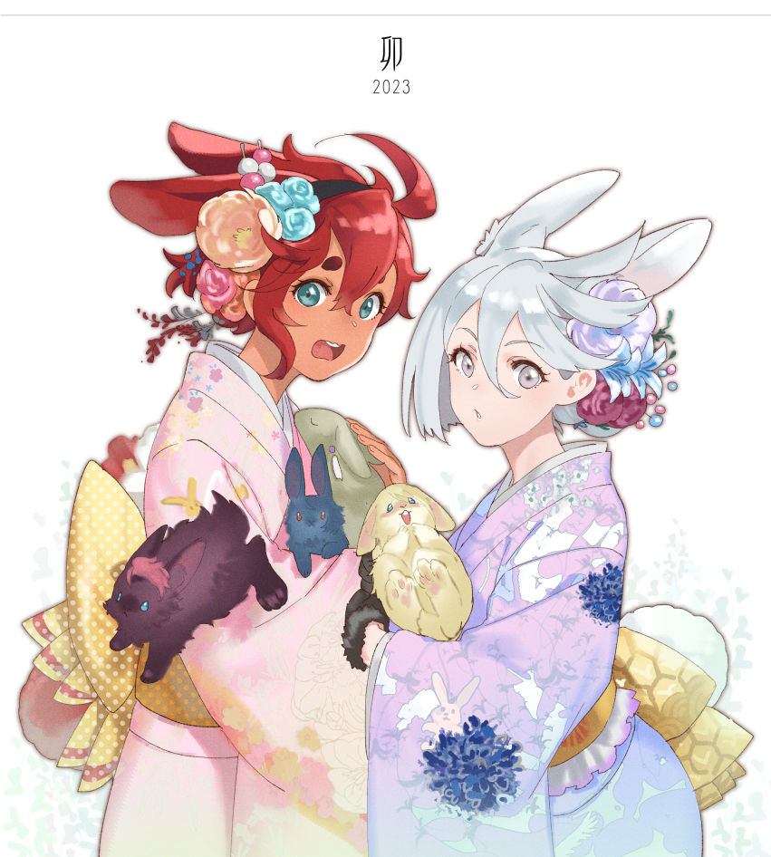 suletta mercury multiple girls 2girls animal ears red hair kimono rabbit ears japanese clothes  illustration images