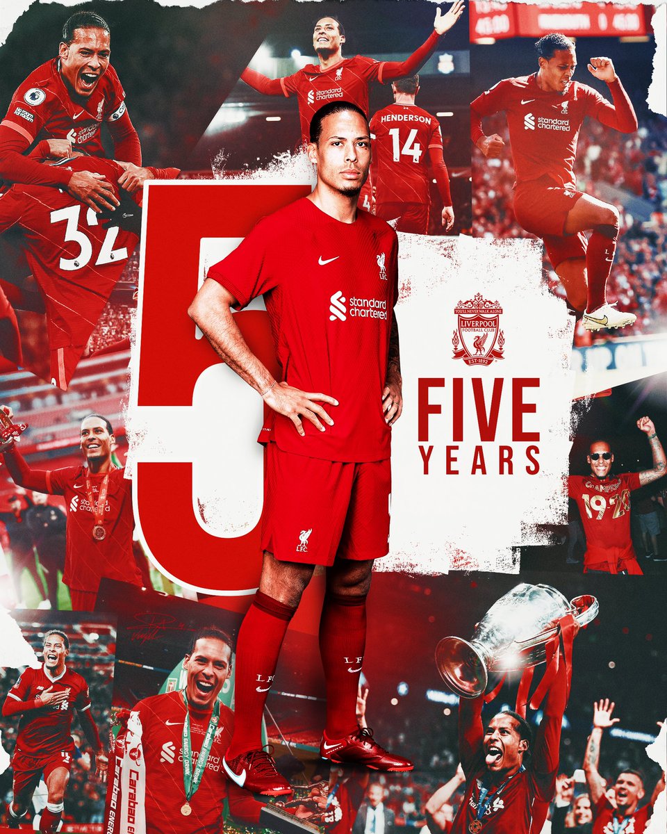 LFC's tweet photo. Five years ago today, @VirgilvDijk signed for the Reds 🔴 

What a journey it's been so far ✨ https://t.co/abYaPSuOqg