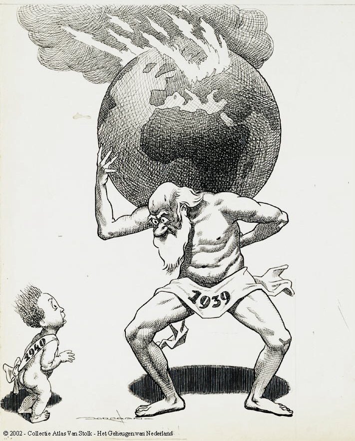 PJKleiweg's tweet photo. Dutch cartoon published on 1st January 1940: the old man of 1939 tells the New Year baby of 1940: "Now you take care of this!" https://t.co/vr3v0OUvt1