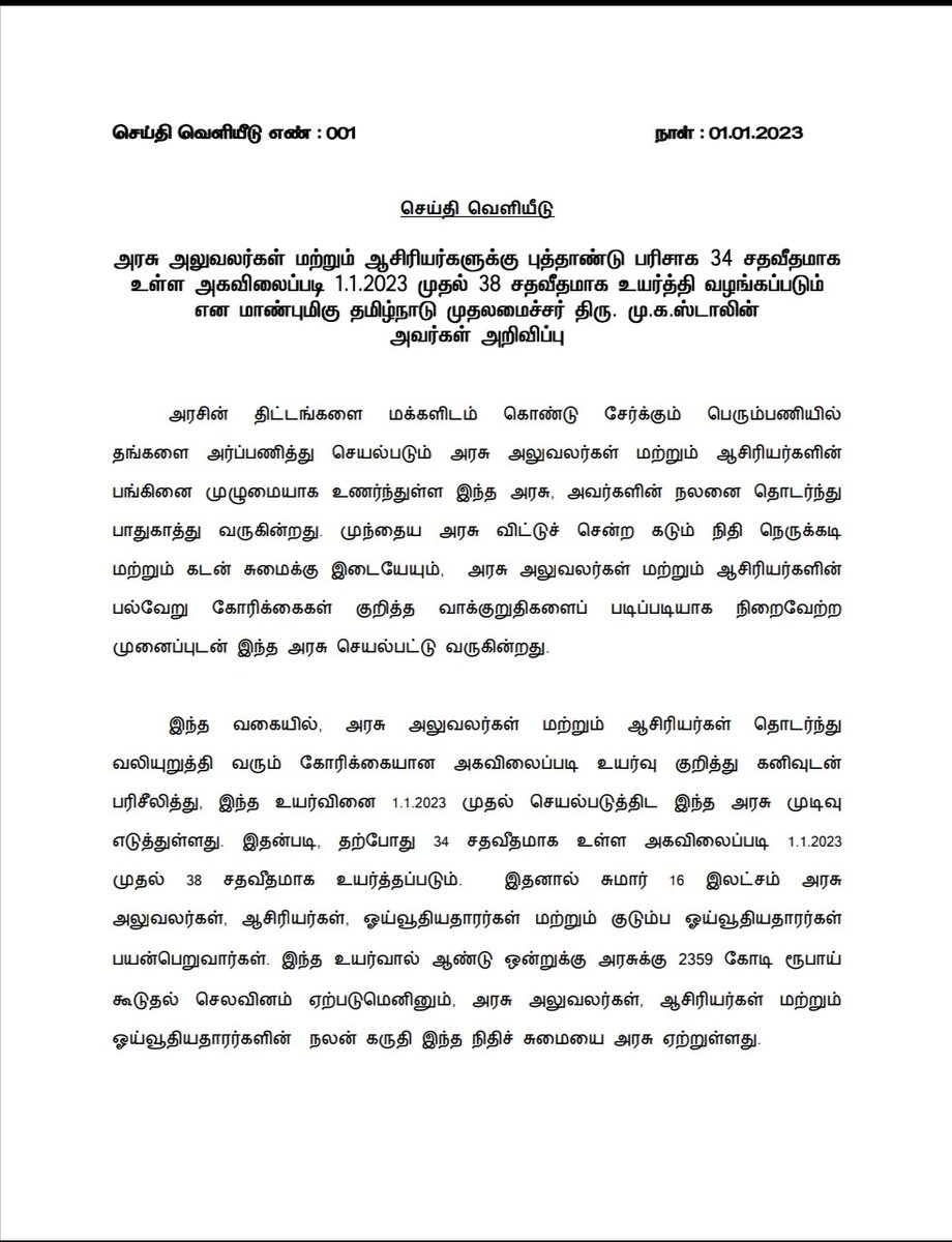 CMOTamilnadu's tweet photo. அரசு அலுவலர்கள் மற்றும் ஆசிரியர்களுக்கு புத்தாண்டு பரிசாக 34 சதவீதமாக உள்ள அகவிலைப்படி 1.1.2023 முதல் 38 சதவீதமாக உயர்த்தி வழங்கப்படும் என மாண்புமிகு முதலமைச்சர் @mkstalin அவர்கள் அறிவித்துள்ளார். https://t.co/D02vm9WY1W
