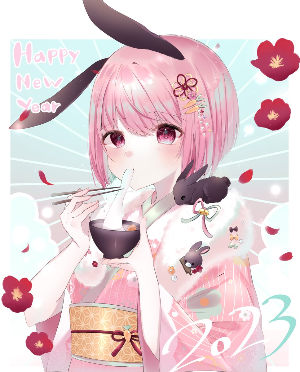 1girl japanese clothes pink hair kimono animal ears rabbit ears food  illustration images