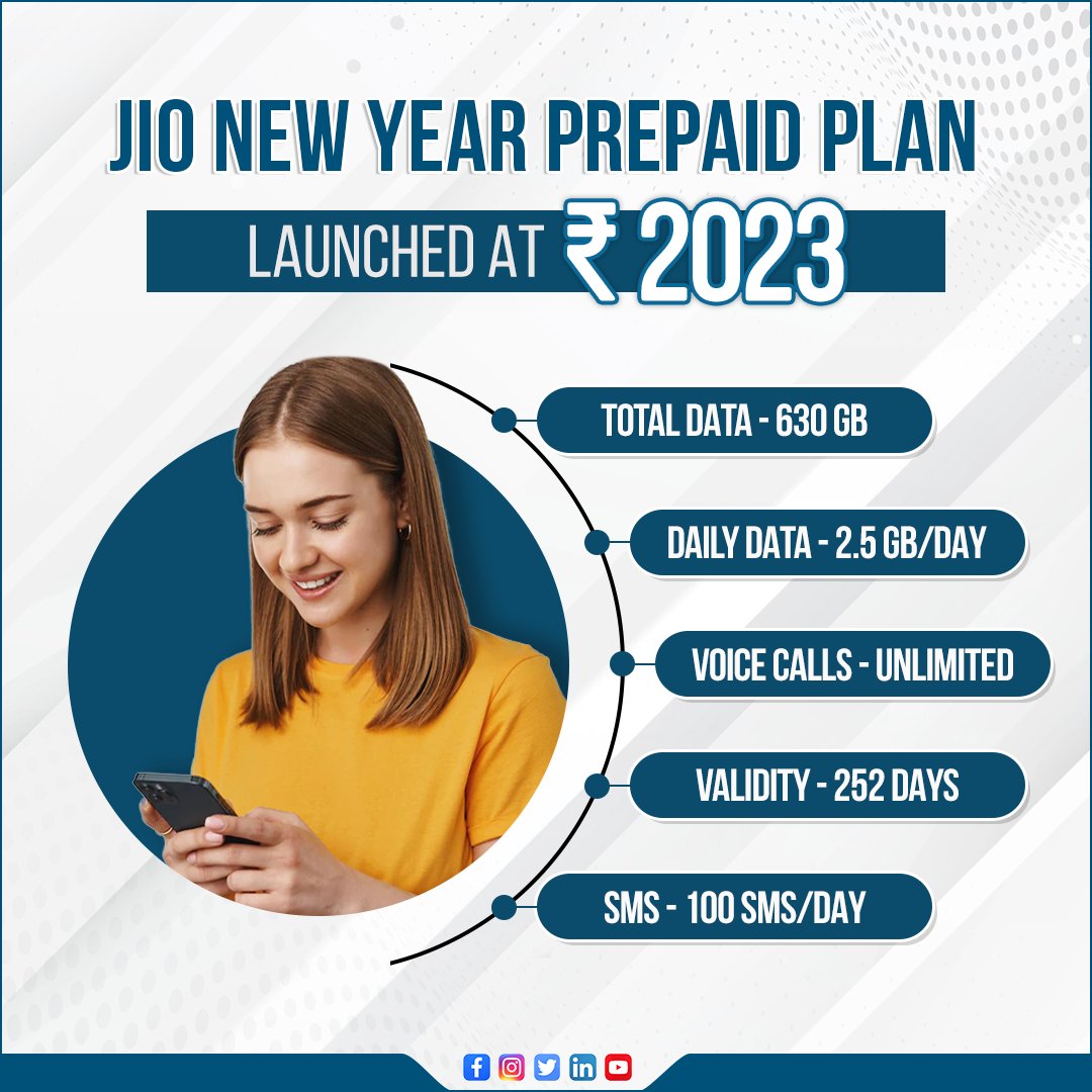 GizNext's tweet photo. .@Jio has announced its #NewYearLaunch offer plan for its prepaid users, which offers a total data of 630GB along with unlimited voice calling, and SMS benefits at Rs. 2,023.
☑️ The plan offers 2.5GB of daily high-speed data with a plan validity of 252 days
#Jio #RelianceJio https://t.co/ZTGnJlbCKZ