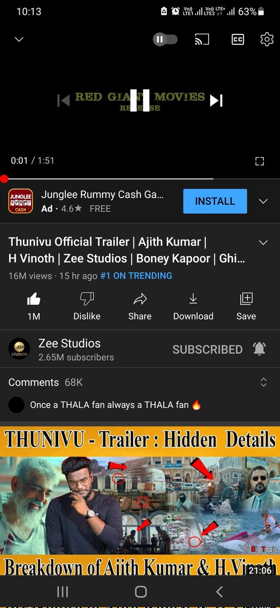#Thunivu Official Trailer Crossed 16M Views... #TrendingNo1 + Ve Response Because Of #AK Sir's Swag & Screen Presence... 
Lot More To Come..