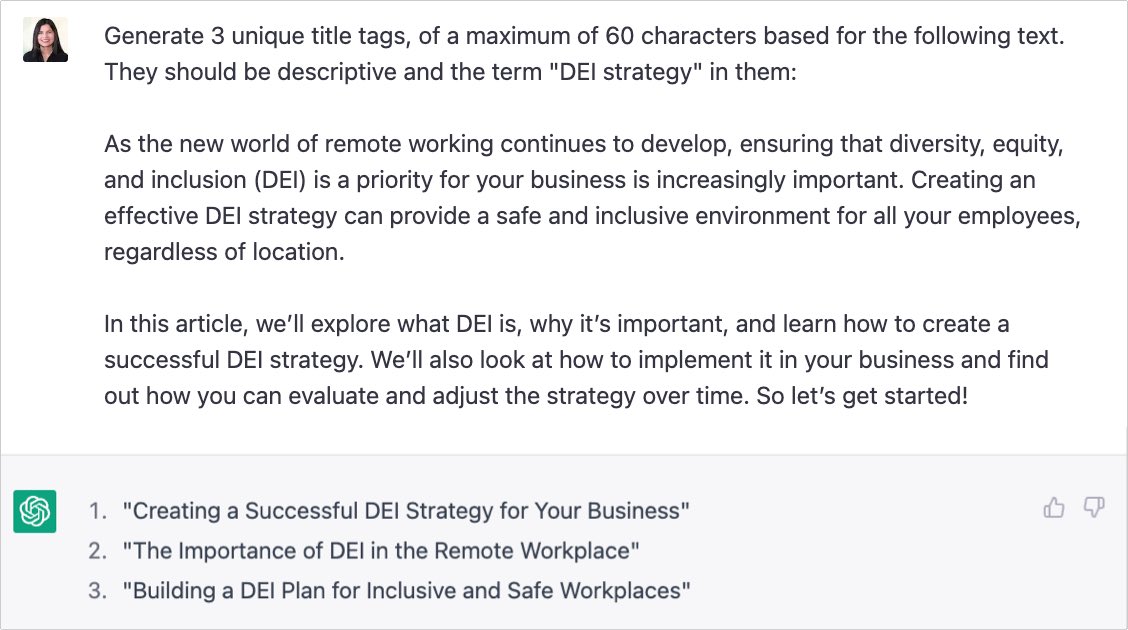 Must-read if you work in SEO. Here’s 20 ways to leverage ChatGPT, including:

• Classify keywords by intent
• Generate title tags
• Create FAQ content

+ 17 other use cases

-> ChatGPT for SEO: 20 Ways to Leverage ChatGPT for SEO Activities by <a href="/aleyda/">Aleyda Solis 🕊️</a> aleydasolis.com/en/search-engi…
