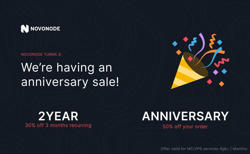 SlashyHosting's tweet image. 🎉 Wishing you a Happy New Years! 🎉

As of January 1st Novonode will officially be in operation for 2 years! This means we are hosting an anniversary sale! Thank you for all your support over this past year, we hope you stick by us for years to come 🫶

Sale ends January 14th