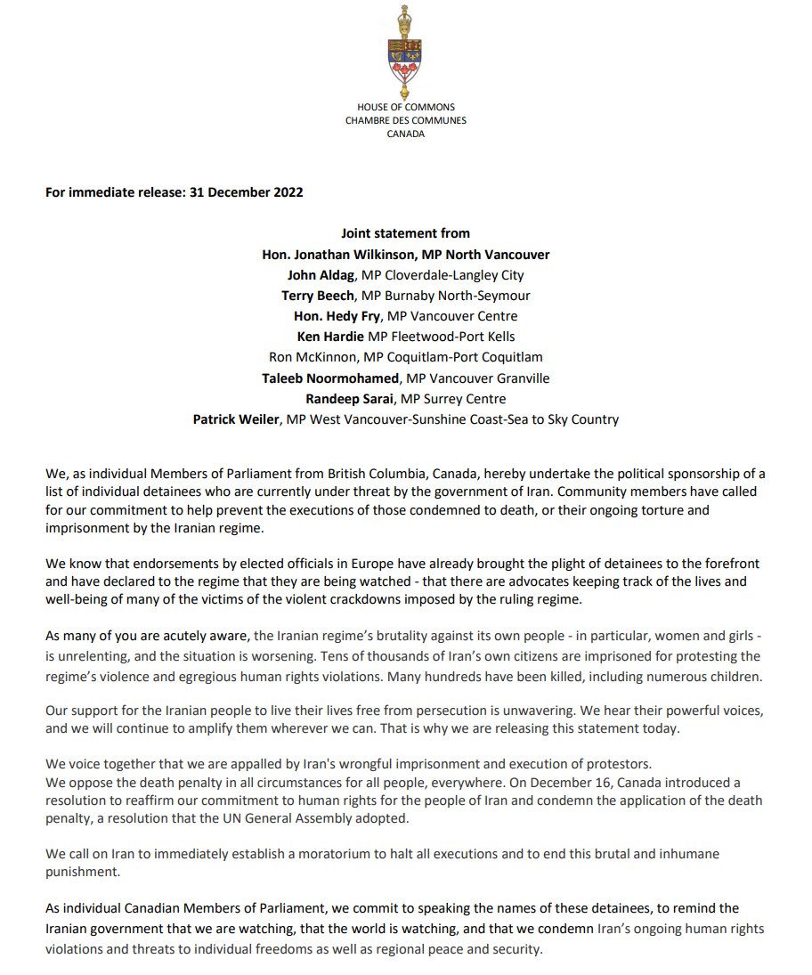 JonathanWNV's tweet photo. Please see this joint statement from #BC Members of Parliament. 

I will be sponsoring Dr. Hamid Ghare-Hassanlou, 
Farzaneh Ghareh Hassanlou, and Mohammad Rakhshani.

#WomanLifeFreedom  

1/ https://t.co/72t7Ymu6rA