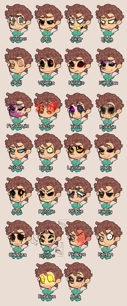 CircusBlades's tweet photo. In my old account I posted about a HC where Orpheus gets the eyes of the hunters he switches bodies with, so I thought it would be fun to draw how I imagine them all :] 

#identityv
#identityVイラスト https://t.co/bcfwa0pTrm